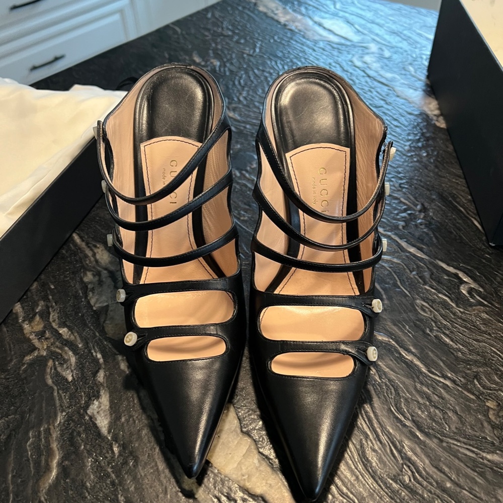 Gucci Black Leather Strappy Pointed-Toe Heels with Gold Buttons - Picture 2 of 11